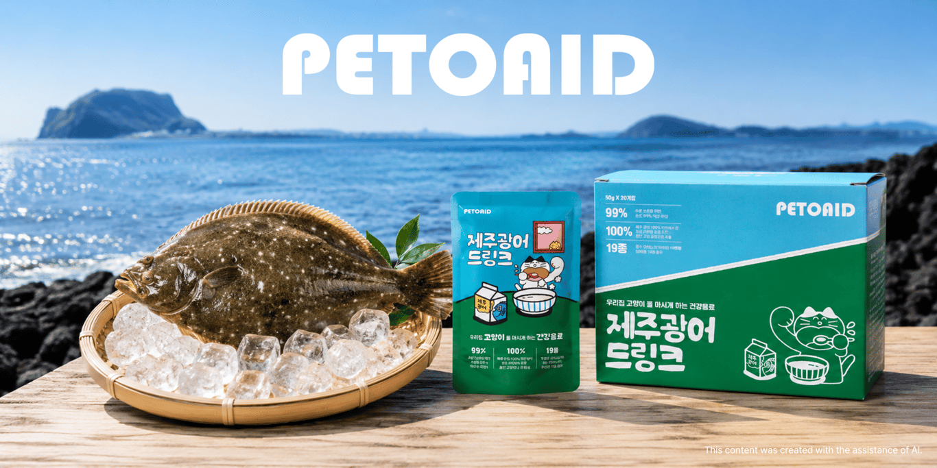 PETOAID’s Jeju Flounder Drink is a feline hydration broth made with Jeju olive flounder, designed to support cats’ voluntary water intake and daily wellness.
AI-assisted visual courtesy of HUFS GTEP Team WON:DER.